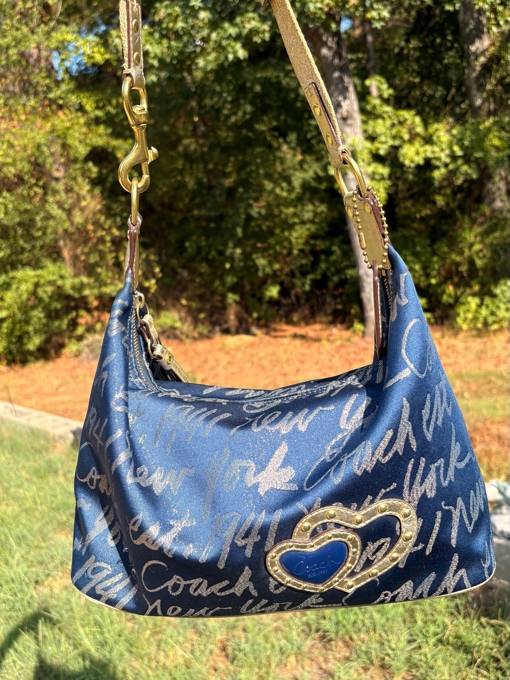 Coach Navy Script Shoulder Bag with Heart Detail